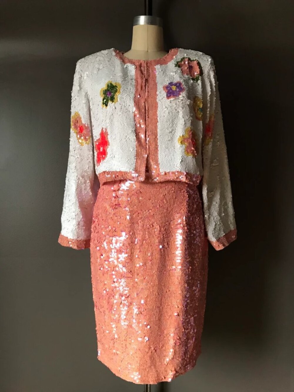 Vintage Magali Collection 2 Piece Set of Silk Sequined Pencil Skirt + Blazer